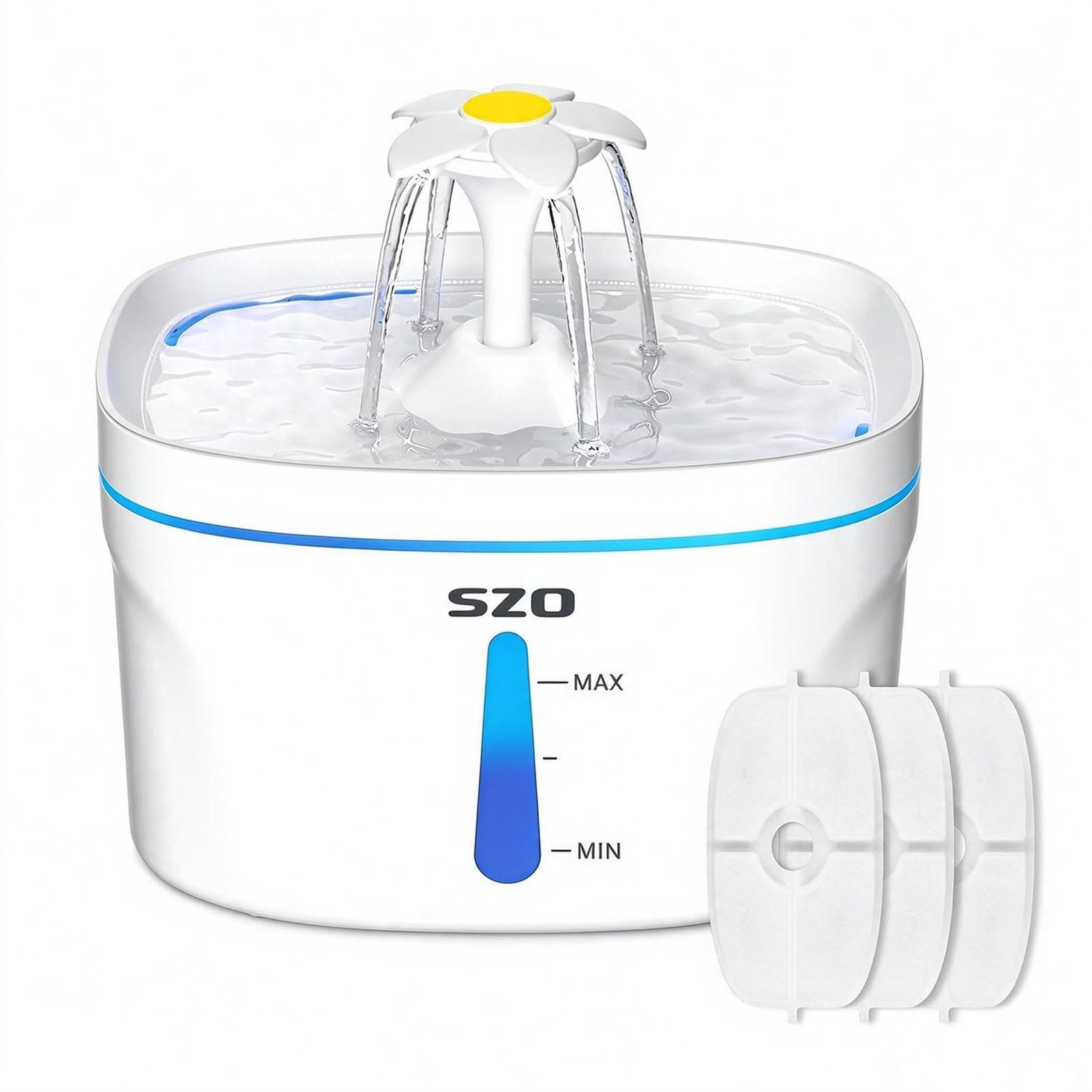 SZO Katzenbrunnen 2,5L Ultraleise Trinkbrunnen Katze LED Aktivkohlefilter | BPA-frei, Springbrunnen-Design, unter 20dB, für Katzen und Hunde, leicht zu reinigen, zerlegbar Filterwechsel alle 2-4 Wochen