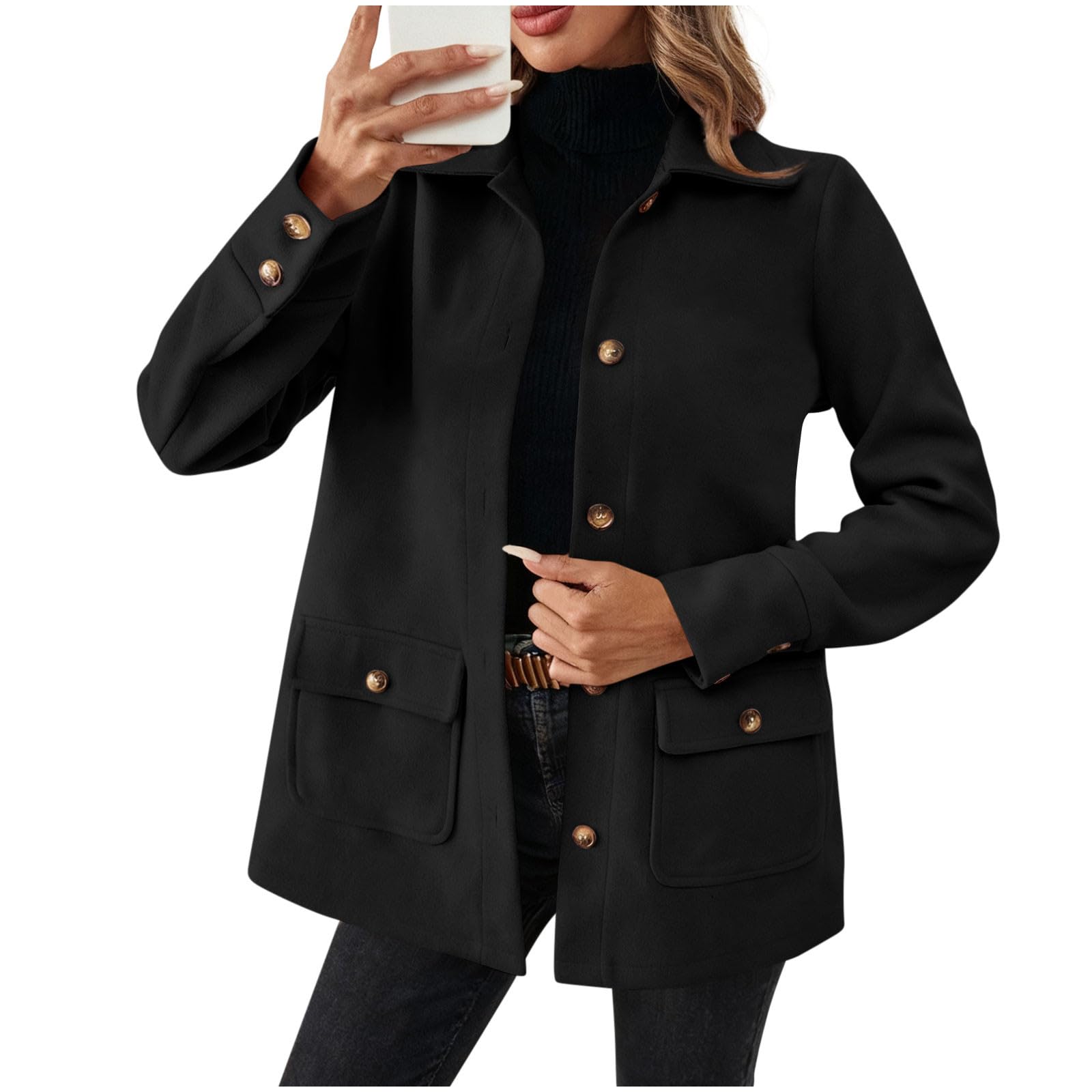 HAOLEI Chaqueta Mujer Invierno de Lana Cuello Solapa Chaquetas de Manga Larga con Botonadura Sencilla Elegantes Tench Coat con Cuello de Solapa Cálido Abrigos Paño Corto con Bolsillos Moda Gabardina