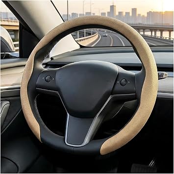 Car Steering Wheel Cover, 5D Carbon Fibre Non-Slip Comfortable Vehicle Steering Wheel Guard, Automotive Interior Protective Accessories, Universal for SUV Automobile Truck Beige