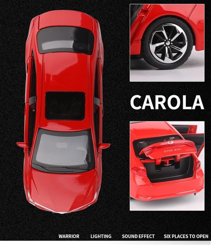 Image of Kids Model 1:32 Corolla Die Cast Metal Car Pull Back Action Opening Doors with Realistic Engine Sound Lights Toy Car Gift for Boys - Red
