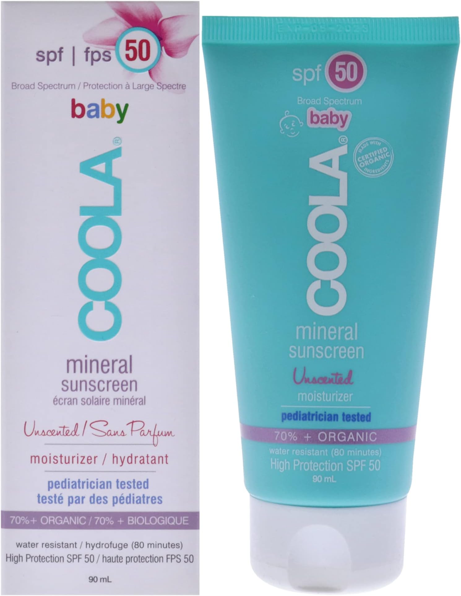 Coola Mineral Baby Sunscreen Moisturizer Lotion SPF 50 Unscented for Kids 3 oz Sunscreen, Blue, 89 ml