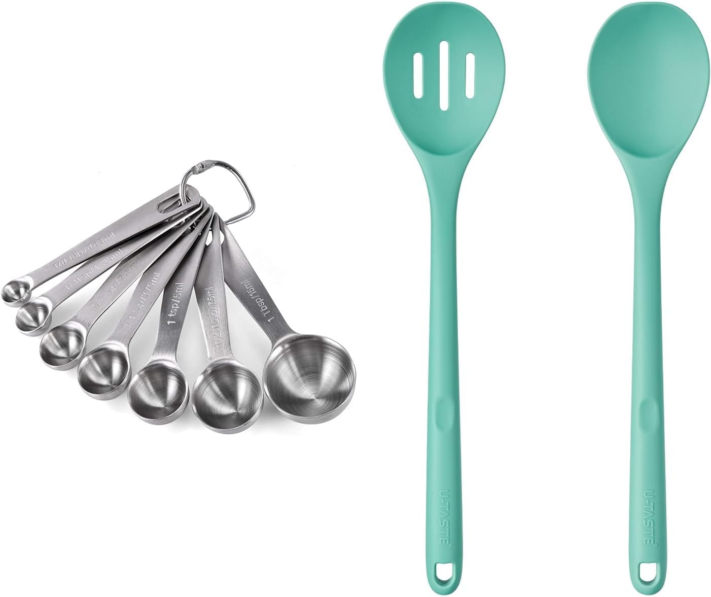 18/8 Stainless Steel Measuring Spoons Set for Dry and Liquid Ingredients (Set of 7), and 600ºF Heat Resistant Silicone Spoons, 13.3in Solid & Slotted Kitchen Mixing Tool (Aqua Sky)
