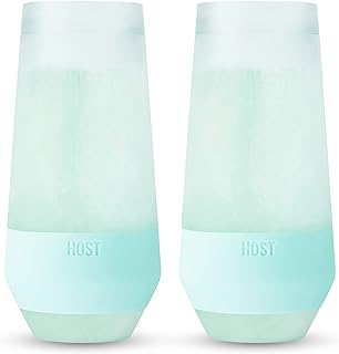HOST Champagne Freeze Double-Walled Stemless Wine Glasses Freezer Cooling Cups with Active Cooling Gel and Insulated Silicone Grip - 9 Oz Plastic Tumblers, Seafoam Tint, Set of 2