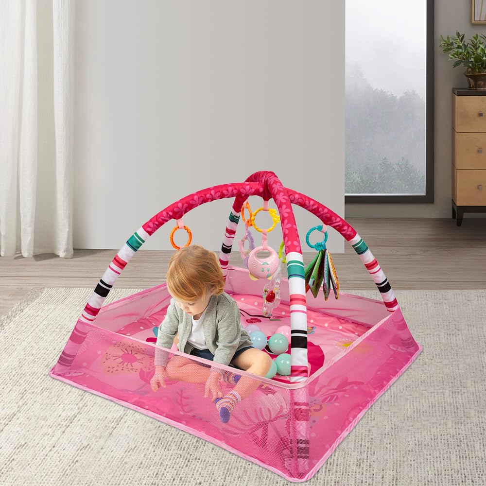 Parc de jeu bébé carré avec arche d'éveil, tapis d'activités, 18 balles de piscine incluses, pour nourrissons 0 à 3 ans，Rose