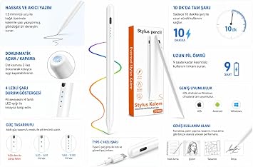 UnDePlus Xiaomi Redmi Mi Pad 8/7/6/5/2/Pro/Se ile Uyumlu Stylus Dokunmatik Tablet Kalemi Beyaz