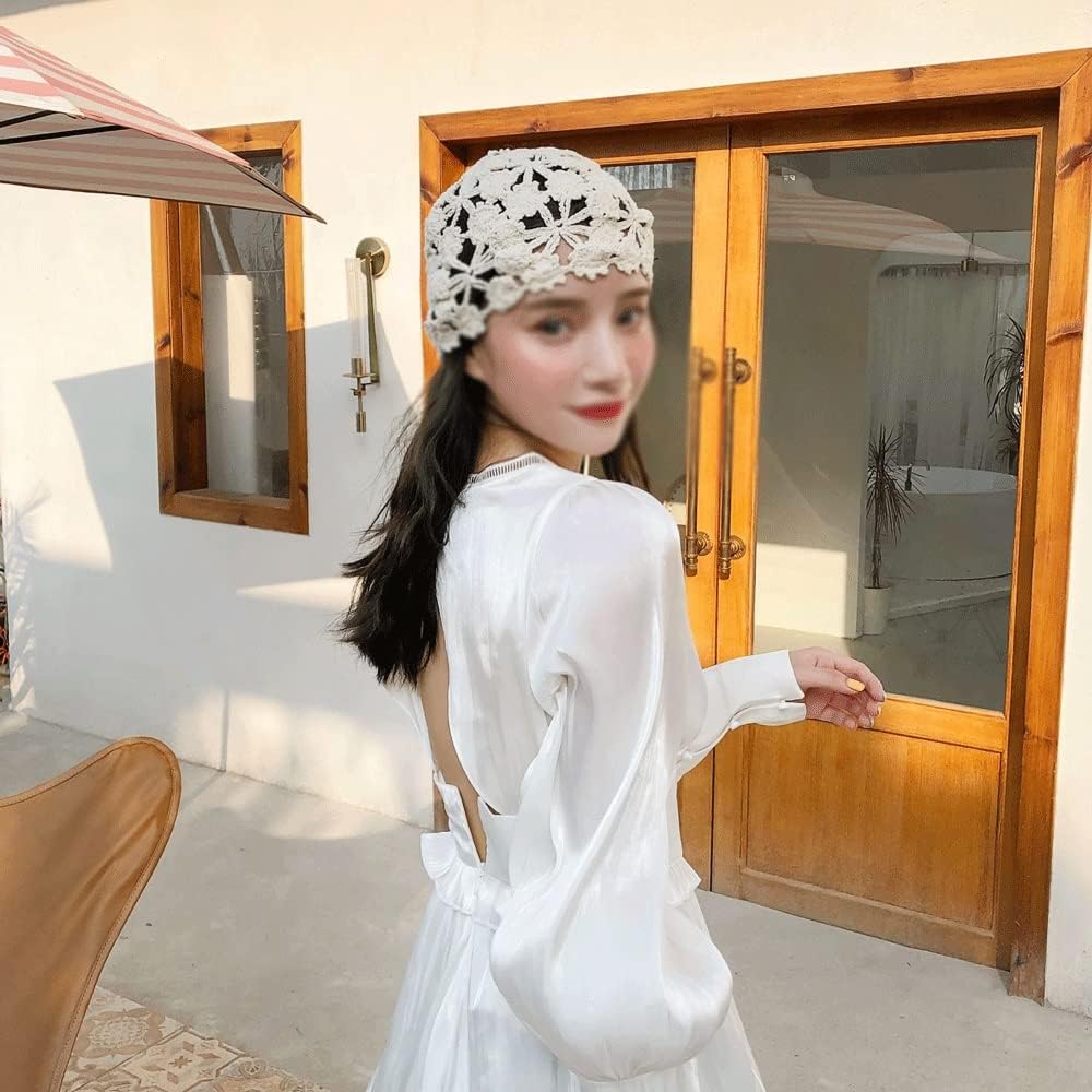 [たけち] 手織りの花中空薄型キャップ レース通気性ニットかぎ針編み帽子女性 Baotou で