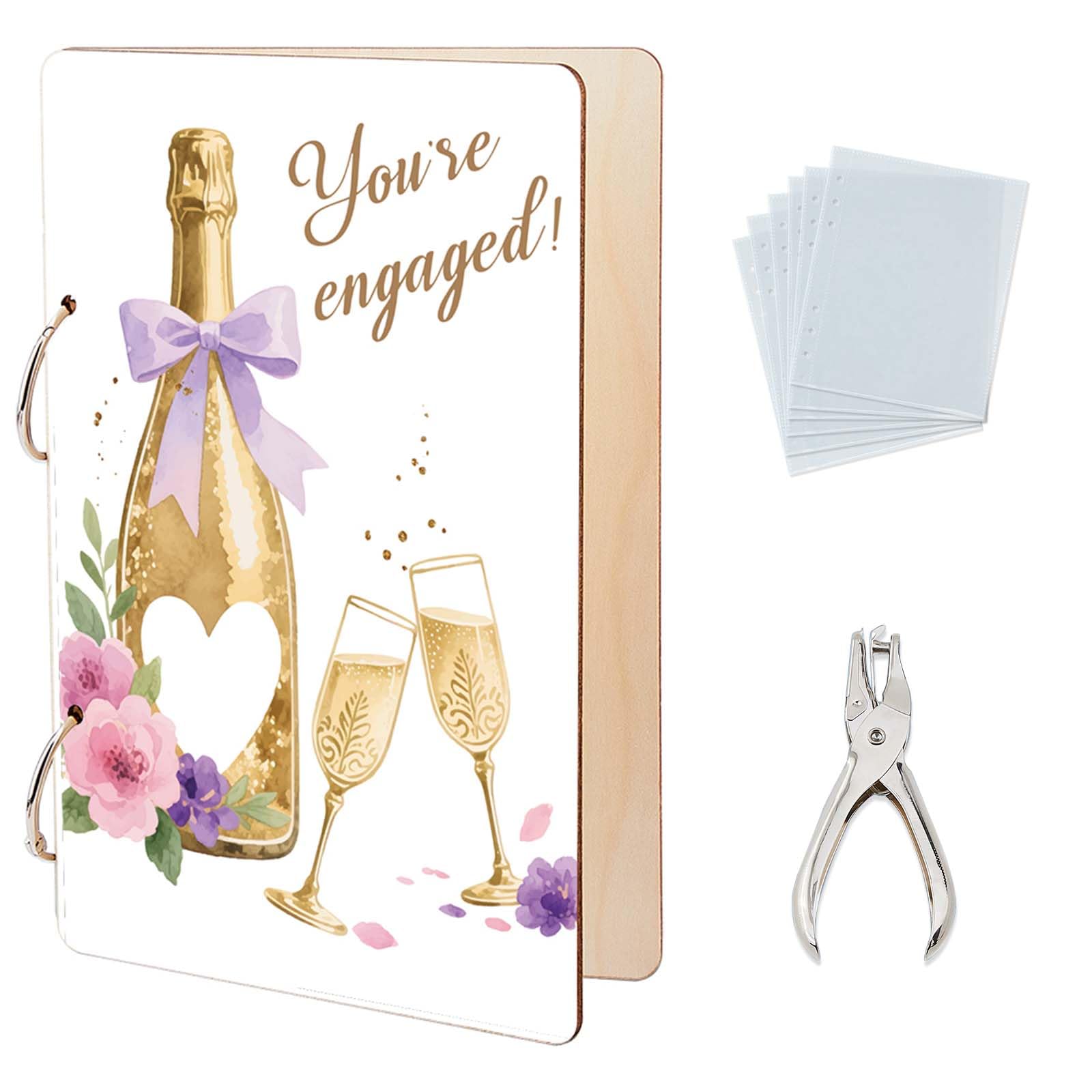 SUPERDANT Champagne and Flowers Greeting Card Organizer You're Engaged Postcard Binder Wooden Cards Keeper Storage Engagement Gift 2-Rings Photo Album for Wedding Party with Punch and 20 Pockets