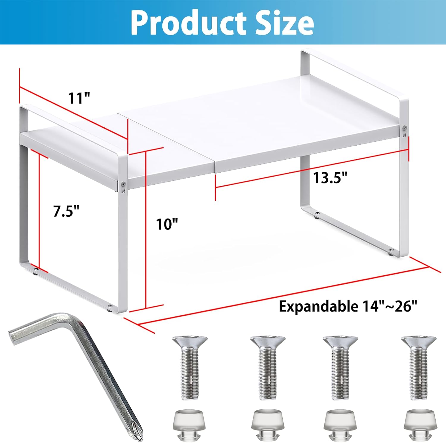 Expandable Cabinet Countertop Shelves, 11" Deep Cabinet Shelf Organizer Riser for Kitchen Pantry Cupboard Under Sink Countertop Organization Storage, Adjustable Metal Organizer Shelf with Nonslip Legs