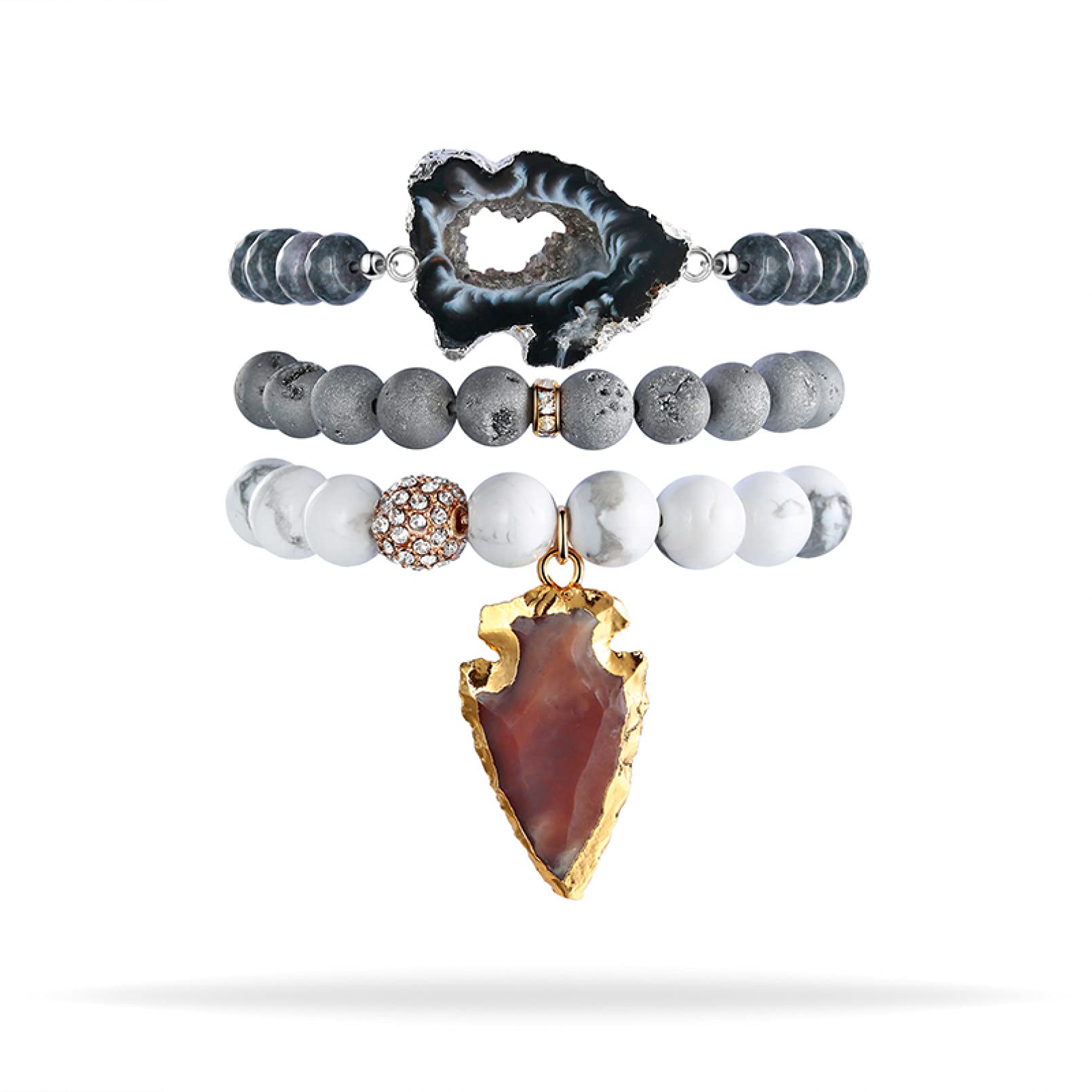 LLXYWJ Bracciale da Donna con Perline Bianche e Nere con Pendente in Pietra con Testa di Freccia Marrone. 3 Pezzi/Set di Braccialetti da Donna Regalo