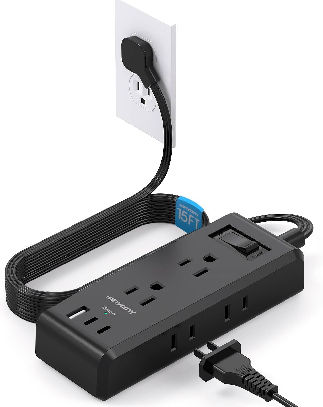 Black Extension Cord 15 Ft, HANYCONY Long Cord Ultra-Thin Flat Plug Power Strip with 6 Outlets and 3 USB Ports (2 USB C), Wall Mount for College Dorm Room Home Office Desk Essentials