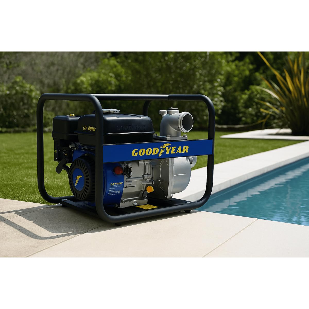 Goodyear - Motobomba de Agua 1.500W, Motor de Gasolina 4 Tiempos OHV 78.5cc, Altura Máxima de Elevación 5 metros, Caudal máximo 12.000 litros/hora (200 l/m) (4.100 W 32.000 l/h)