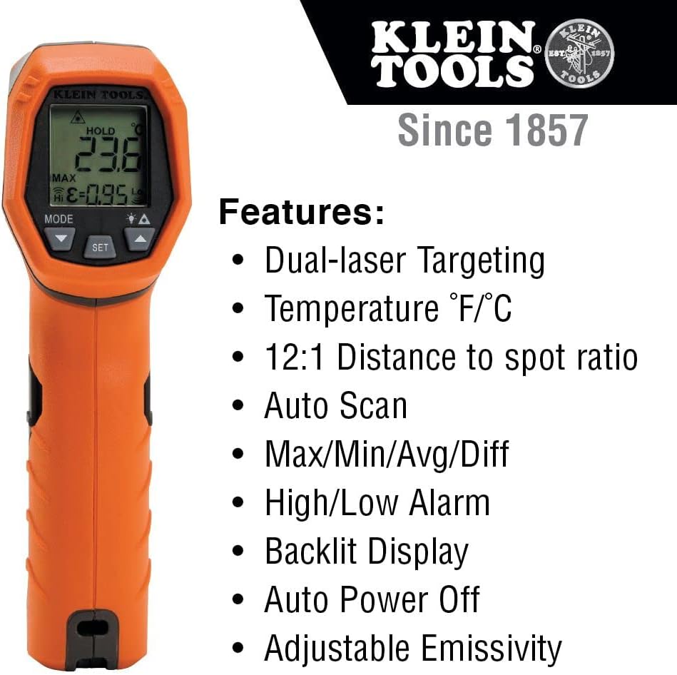 Klein Tools IR5 Dual Laser 12:1 Infrared Thermometer & 32308 Multi-bit Stubby Screwdriver, Impact Rated 8-in-1 Adjustable Magnetic Tool with Phillips, Slotted, Square and Nut Driver