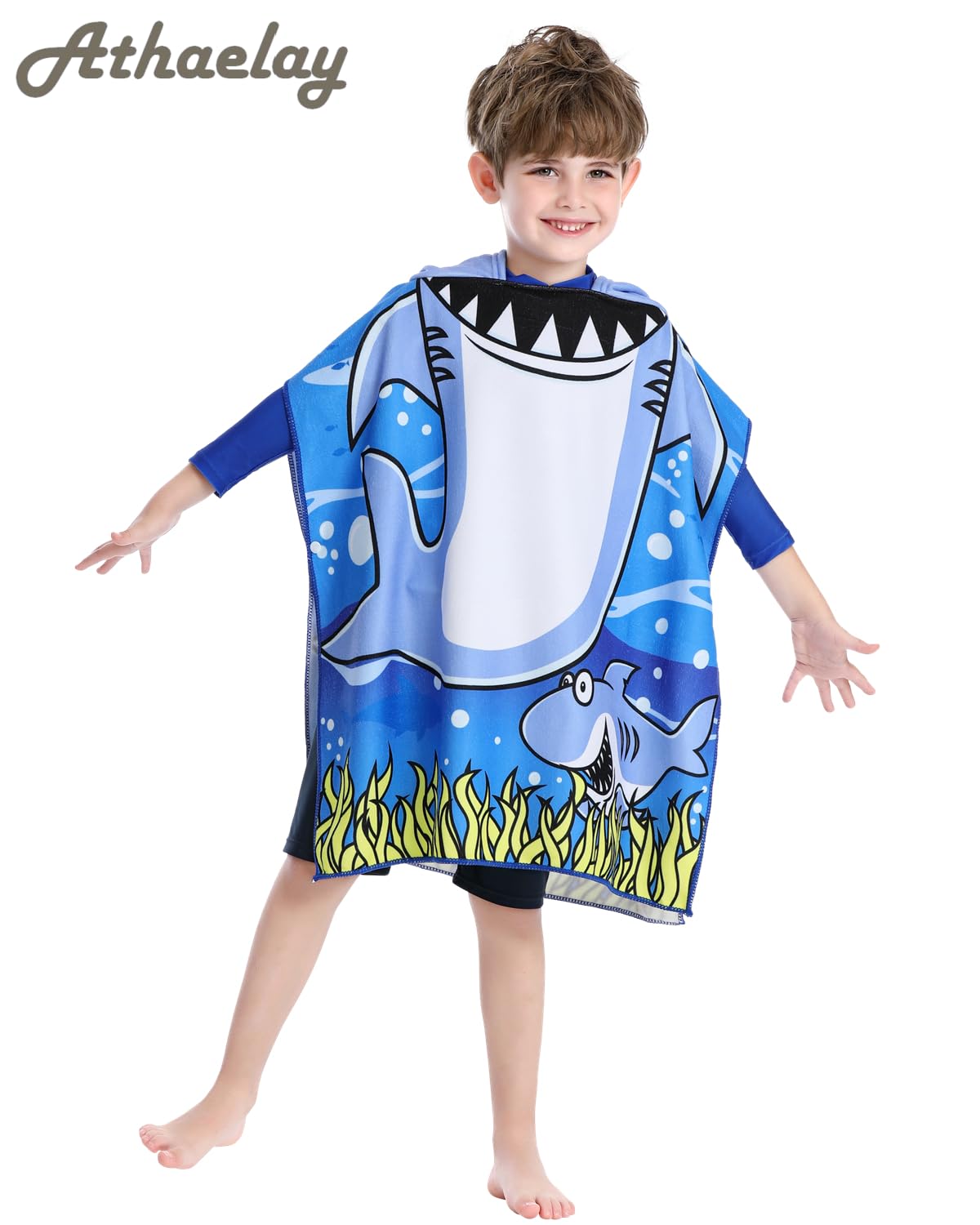 Toalla de playa ligera de microfibra con capucha para niños, niños pequeños, baño/piscina/poncho de natación (tiburón azul)