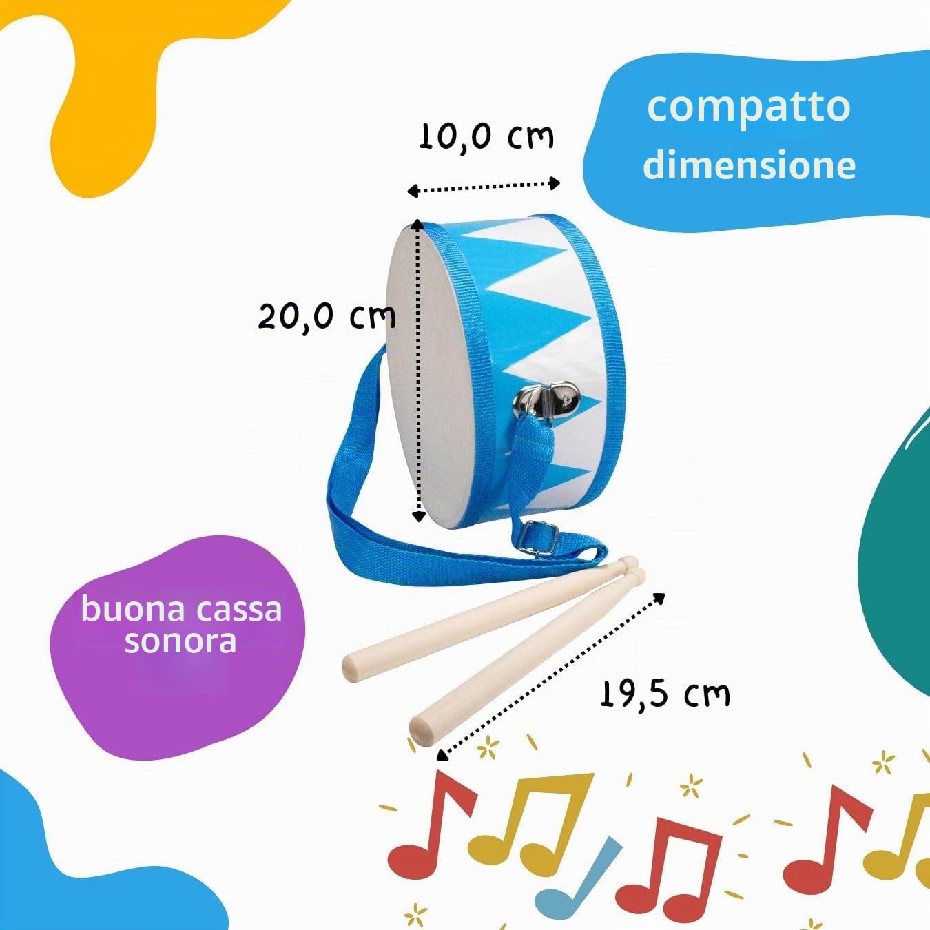 Tamburo per bambini blu bianco strumento musicale in legno con tracolla e bastoncini D: 20 cm - 3845
