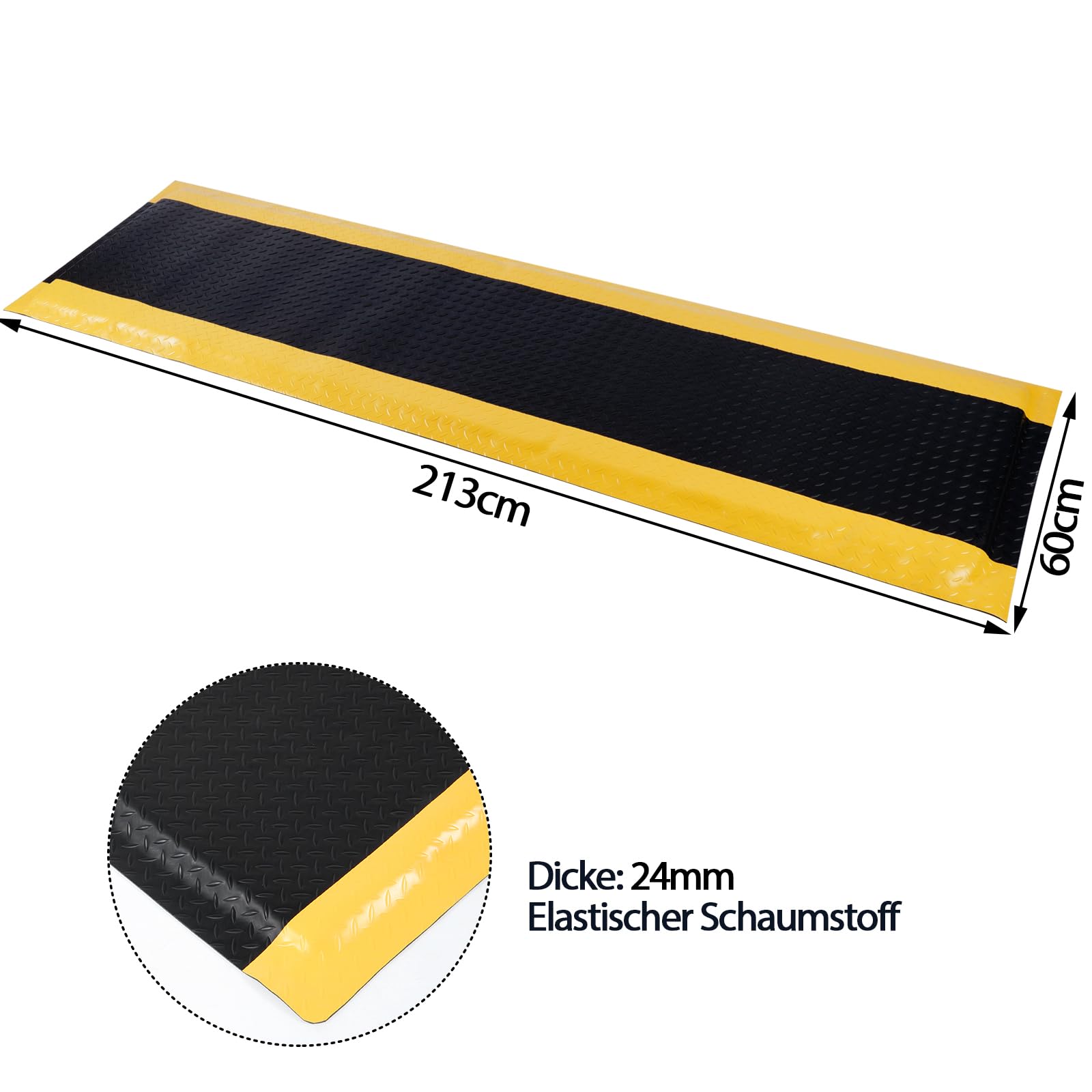 tonchean Anti-Ermüdungsmatte 60 x 213 cm Arbeitsplatzmatte Ergonomische Arbeitsmatte PVC Schaum Fußmatten für Garagenwerkbank, Schwarz-Gelb