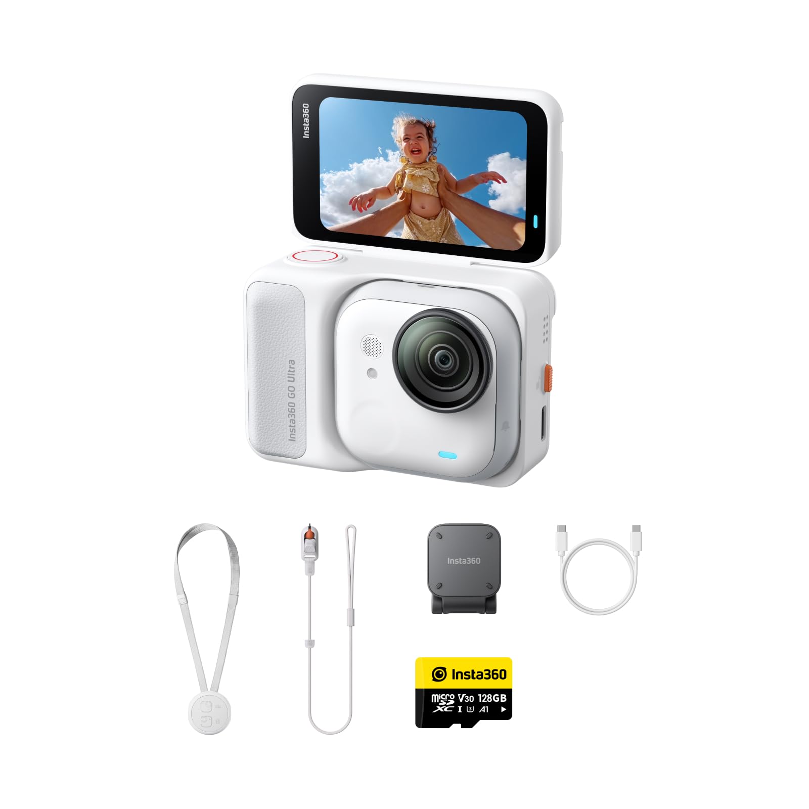 Insta360 GO Ultra Pack Standard Bianco Artico 128GB- action cam mini 4K a mani libere, indossabile, superba in bassa luce, montala ovunque, stabilizzazione FlowState, 200 min di carica, bici e corsa