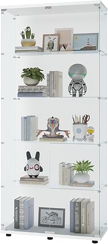 Miniatura 17 de Vitrina de cristal con 4 estantes con tira de luces LED y cerradura, vitrina de vitrina con ruedas y 1 puerta, vitrina de vidrio templado para sala