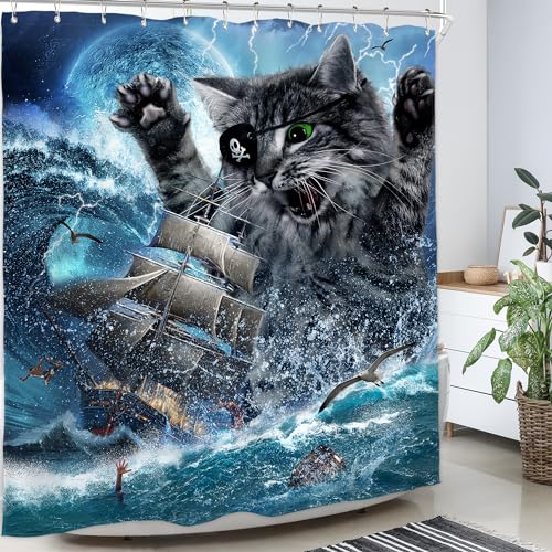 Image of Funny Cat Pirate Ship Nautical Shower Curtain Ocean Waves 72Wx72H Inch Decor