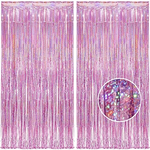 BRAVESHINE Pink Foil Fringe Curtain Backdrop, Sparkle Tinsel Metallic Curtains for Girls Birthday Party Wedding Photo Backdrop Christmas Hen Disco Halloween Party Decorations (2Pack, 1x2.5m)
