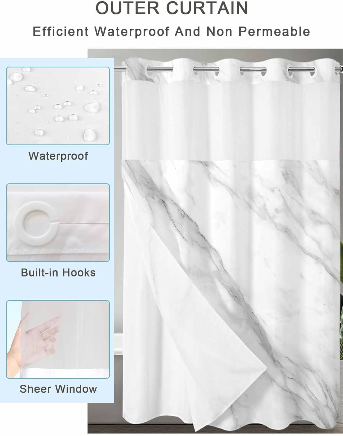 Marble No Hook Shower Curtain with Snap in Liner Set, Modern Grey White Rock Monochrome Simple Waterproof & Washable Fabric, See Through Mesh Top Window Bath Curtain for Bathroom Bathtub Hotel 48"x72"