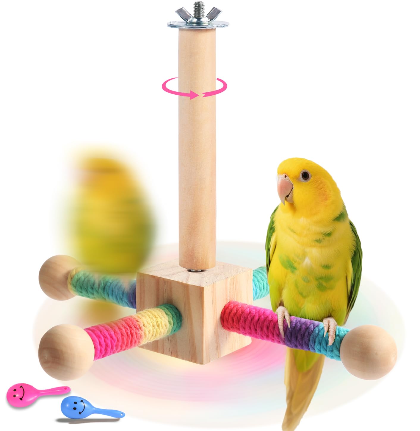 Kyouki Bird Perch Toy Parakeets Toy for Small &amp; Medium Parrots - 360° Spinning Stand for Conures, Cockatiels, Lovebirds,Quakers | Colorful Sisal Rope Spinning Toy (Colorful, Medium Size)