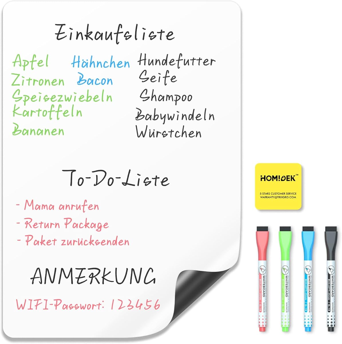 HOMiDEK Whiteboard Folie Magnetisch für Kühlschrank - A4 Magnettafel Für Familie Menü Wochenplaner, Einkaufsliste, to do liste - Klein Magnet White Board mit 3 Markers und Radierer, 20x30cm