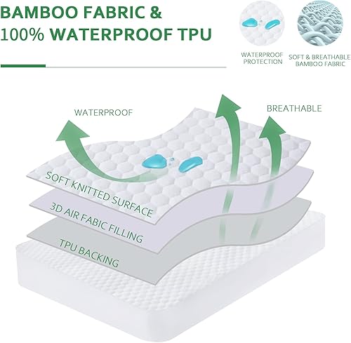Miniatura 16 de Protector de colchón individual impermeable, tela de viscosa ultra suave 3D, funda de colchón individual, ajustable hasta 14 pulgadas de profundidad