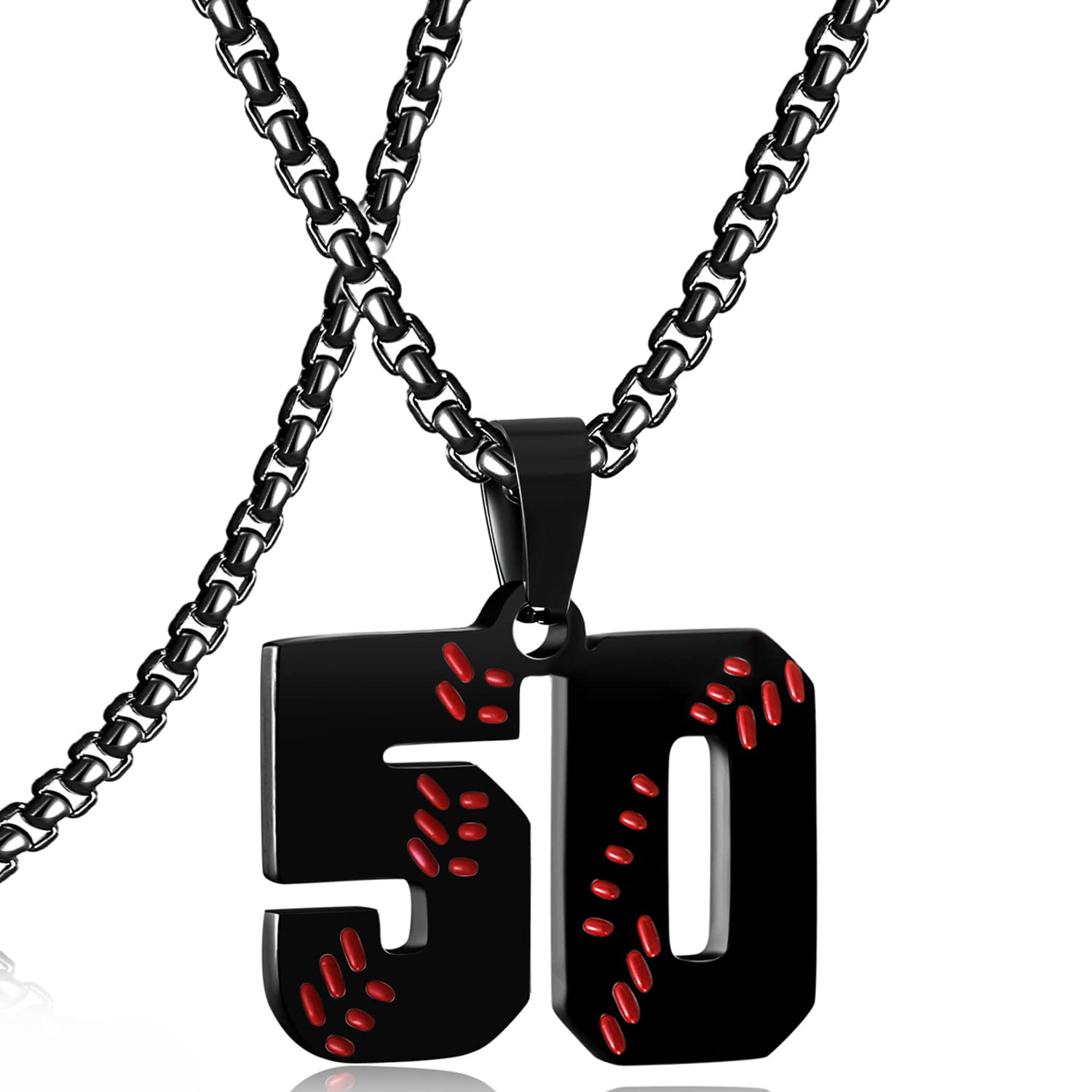 SKQIR Baseball Jersey Number Pendant for Men & Boys - Stainless Steel Chain for Athletes - Black