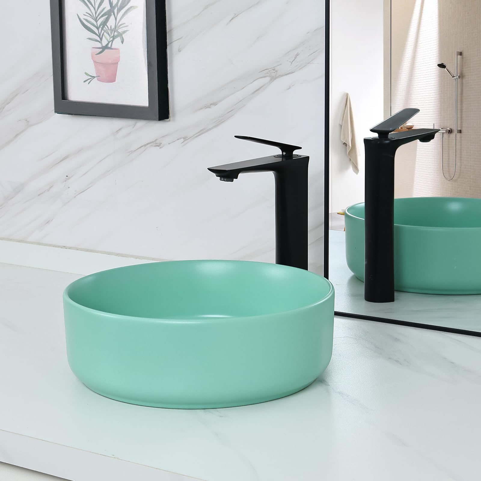 bathivy 14.2" Matte Green Round Vessel Sink with Pop Up Drain, Bathroom Vessel Sink, Bathroom Sink Above Counter, Vessel Sinks for Bathrooms, Ceramic Vessel Sink, Bathroom Sink Bowl, Countertop Sink