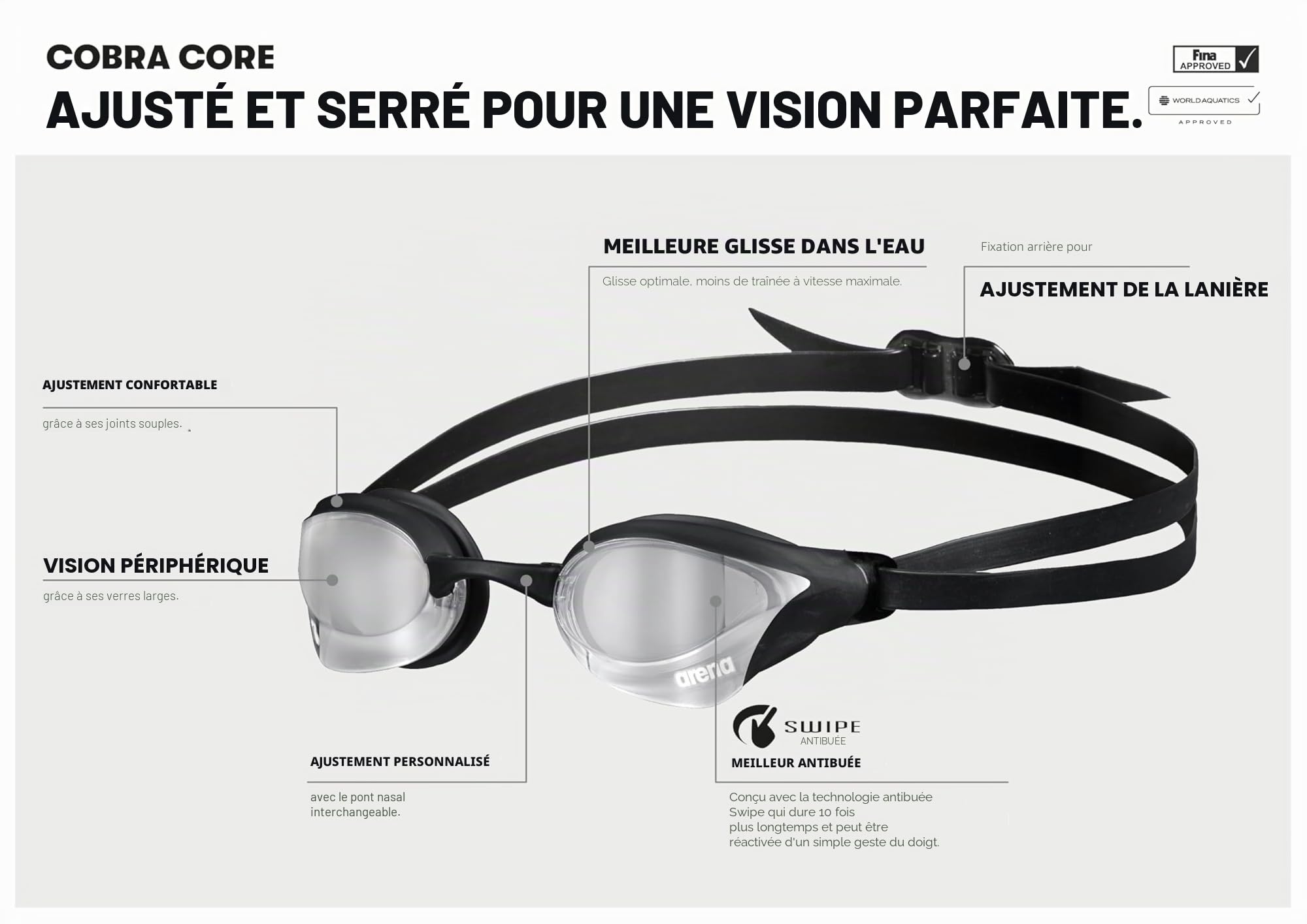 arena Cobra Core Swipe Mirror Lunettes de Natation Unisexe Adulte Race, Lunettes de Natation avec Lentilles Courbes Miroir, Anti-buée, Protection UV, 5 Ponts Nez Interchangeables