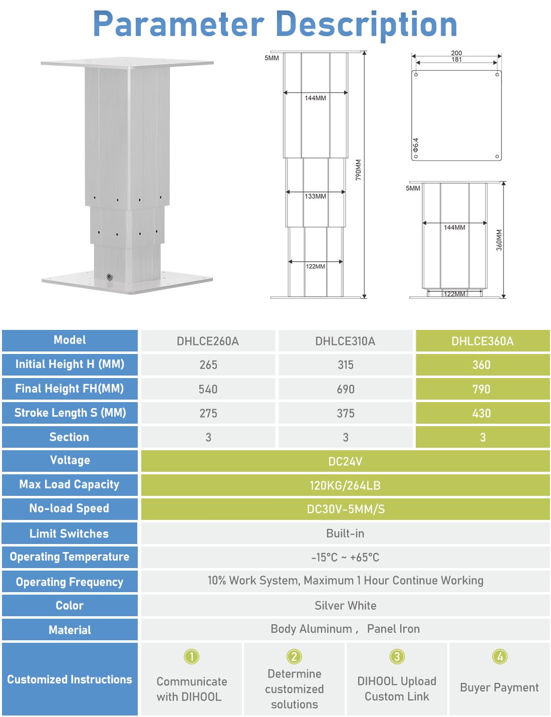 DIHOOL elektrische Hubsäule DC30V Hubtisch DC Motor Aufzug TATAMI versteckter Aufzug (120KG Last, Geschwindigkeit 5MM/S, 360mm-790MM)