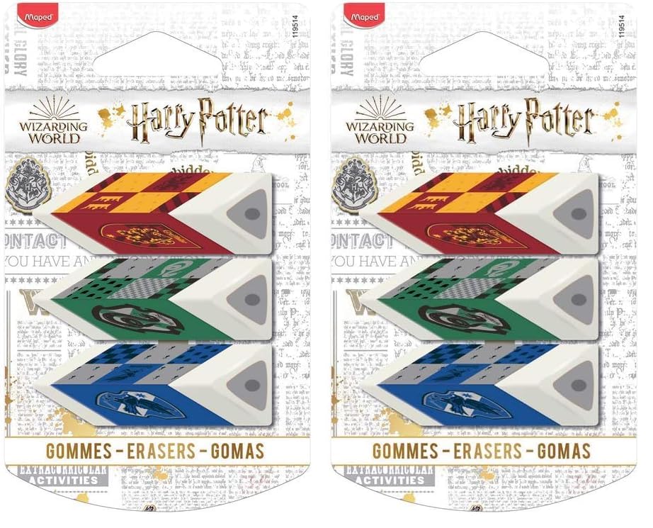 Maped - Goma de Borrar - Colección Harry Potter - Pack con 3 Unidades - Gomas de Borrar con Forma Piramidal - Agarre Sencillo - · Diseños de las Casas de Hogwarts (Paquete de 2)
