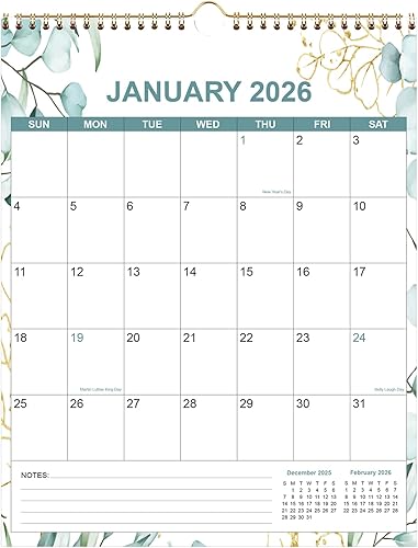 Calendario 2026  Calendario 2026 de enero de 2026 a diciembre de 2026, calendario de 12 meses con papel grueso, 12 x 14.5 pulgadas, vertical, hoja