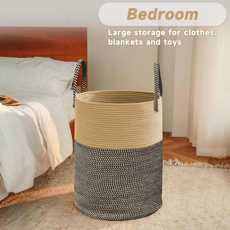Image of Storage Rope Laundry Hamper Basket for Clothes, Towels and Blankets in Livingroom, Bedroom, Laundry Room and Basket for Nursery Storage (Size - 14 inch x 14 inch x 18 inch) (Black Beige Mix)