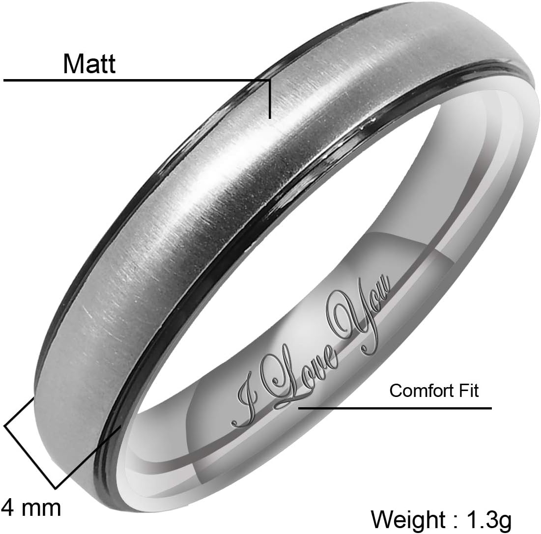Everstone Women's Matte & Brushed 4MM & 6MM Dome Beveled Edge Promise Ring Wedding Bands Titanium Ring Color: Black & Silver Engraved I Love You