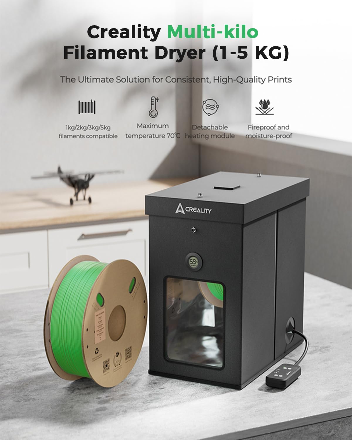 Creality Multi-Kilo Filament Drying Storage Box, Support 1kg/2kg/3kg/5kg Large Spool Filament, with Multi-Kilogram Spool Holder and Detachable Heating Module, Maximum Temperature 70℃