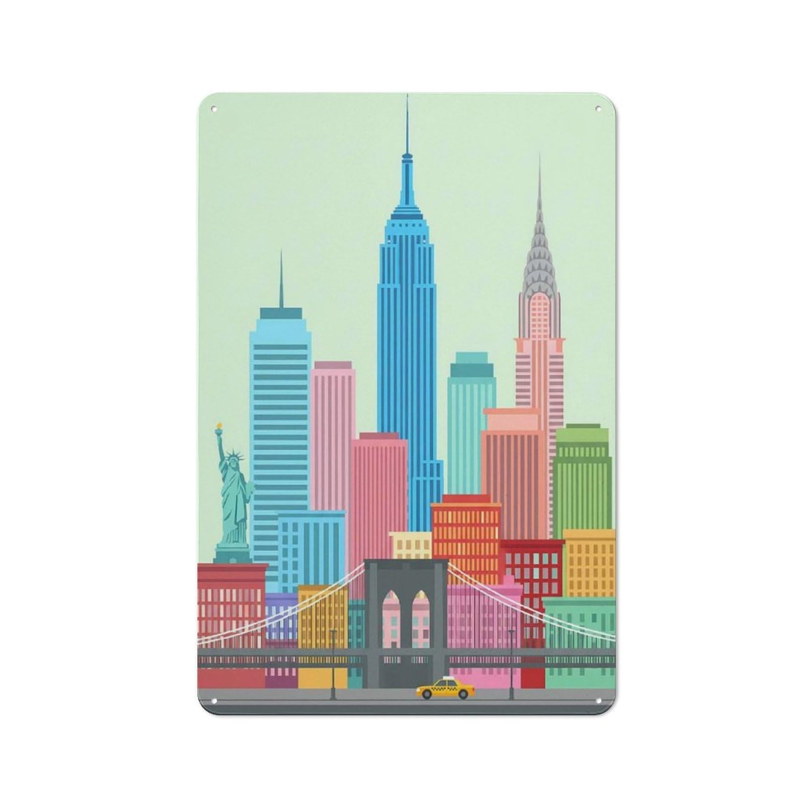 New York City Skyline Rustic Metal Sign 30x20cm, Country Vintage Country Wall Plaque for Cottage, Kitchen, Hallway Or Breakfast Nook