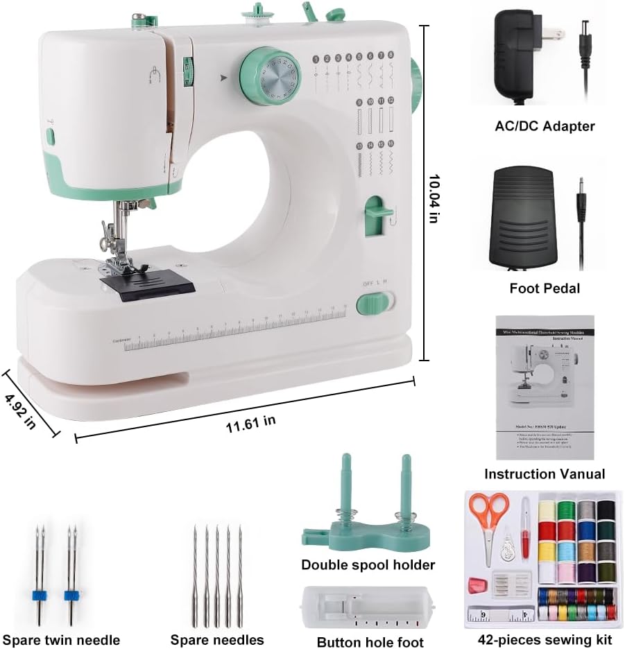 Twin Needles Sewing Machine, Double Needle and Double Thread, 16 Stitch Applications, Lightweight Household Electric Sewing Machine for beginners, with Foot Pedal, Light, Storage Drawer, Accessory Kit