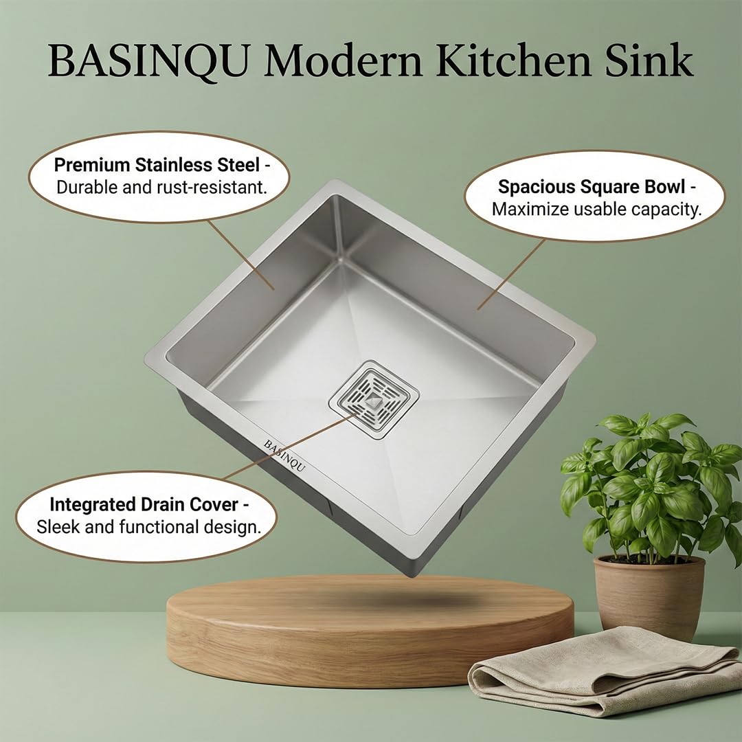 BASINQU BASINQU Kitchen Sink 24x18x10 Inch Handmade Single Bowl Sink for Kitchen Basin 304 Grade Stainless Steel Brushed Matte Finish Including Coupling Fruit Tray Hose Pipe Kitchen Sinks