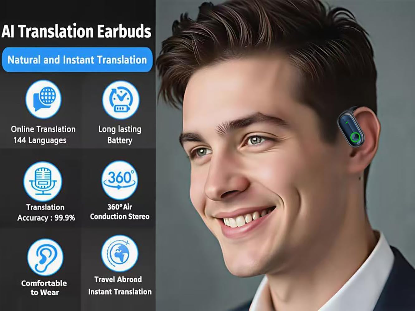 Earbud worn by a person, highlighting features