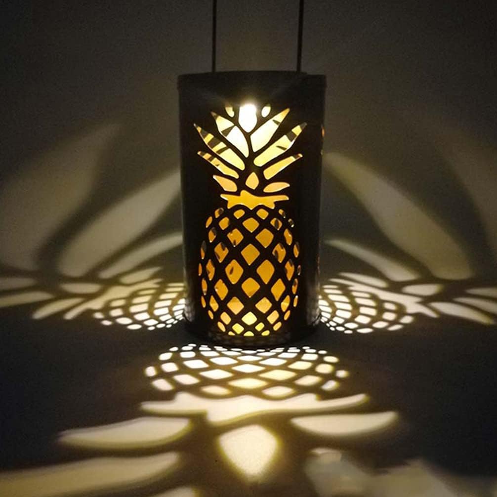 Uonlytech Solar Lantern Lights Outdoor Metal LED Hanging Solar Lights Retro Pineapple Pattern Projection Lamp for Porch Garden Outdoor Decor