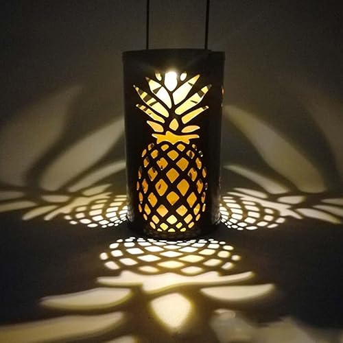 Miniatura 1 de Uonlytech Farol solar para exteriores, de metal, LED, luces solares colgantes, retro, patrón de piña, lámpara de proyección para porche, jardín,