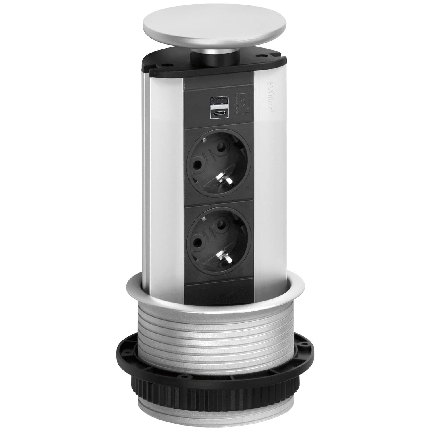 Steckdosenleiste EVOline Port 2x Schukosteckdosen 1x USB-A, C-Charger Alufarbig