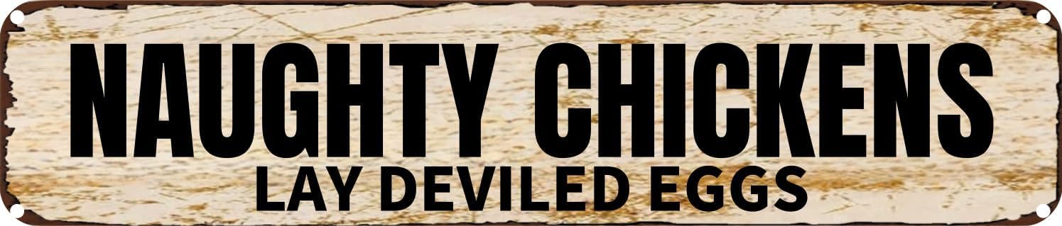Vintage Tin Sign Retro Metal Wall Decor Naughty Chickens Lay Deviled Eggs Rustic Aluminum Plaque for Home,Bar,Kitchen,Garage,Man Cave 4x16 Inch