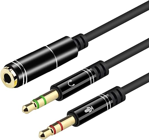 RIATECH Gold Plated 3.5mm Stereo 2 Male to 1 Female Y-Splitter AUX Cable with Separate Headphone/Earphone/Microphone – (33cm) -Round version Black