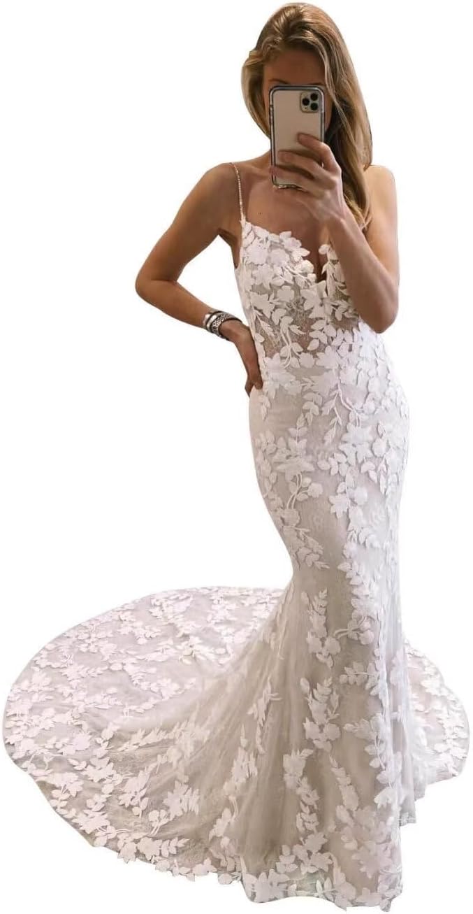 Women's Mermaid Boho Wedding Dresses Lace Tulle Applique Spaghetti Straps Beach Bridal Dress for Bride LSW105