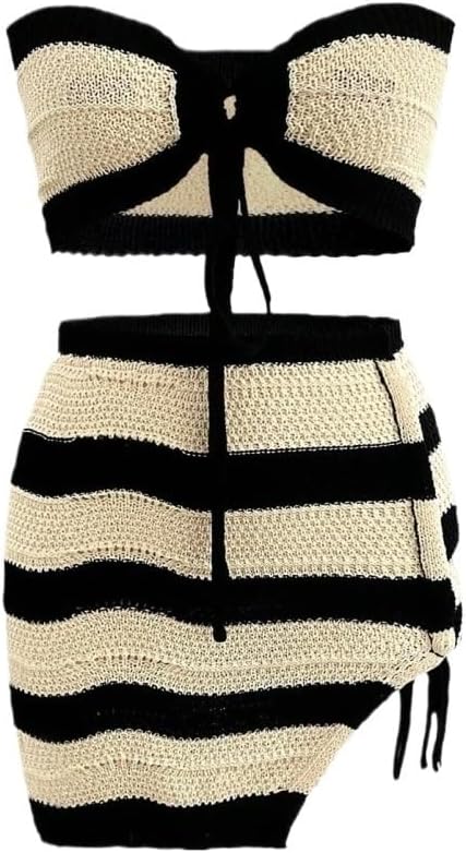Women 2-Piece Set: Striped Tie-Front Top + Sexy Beach Mini Skirt Elegant cover ups for swimwear