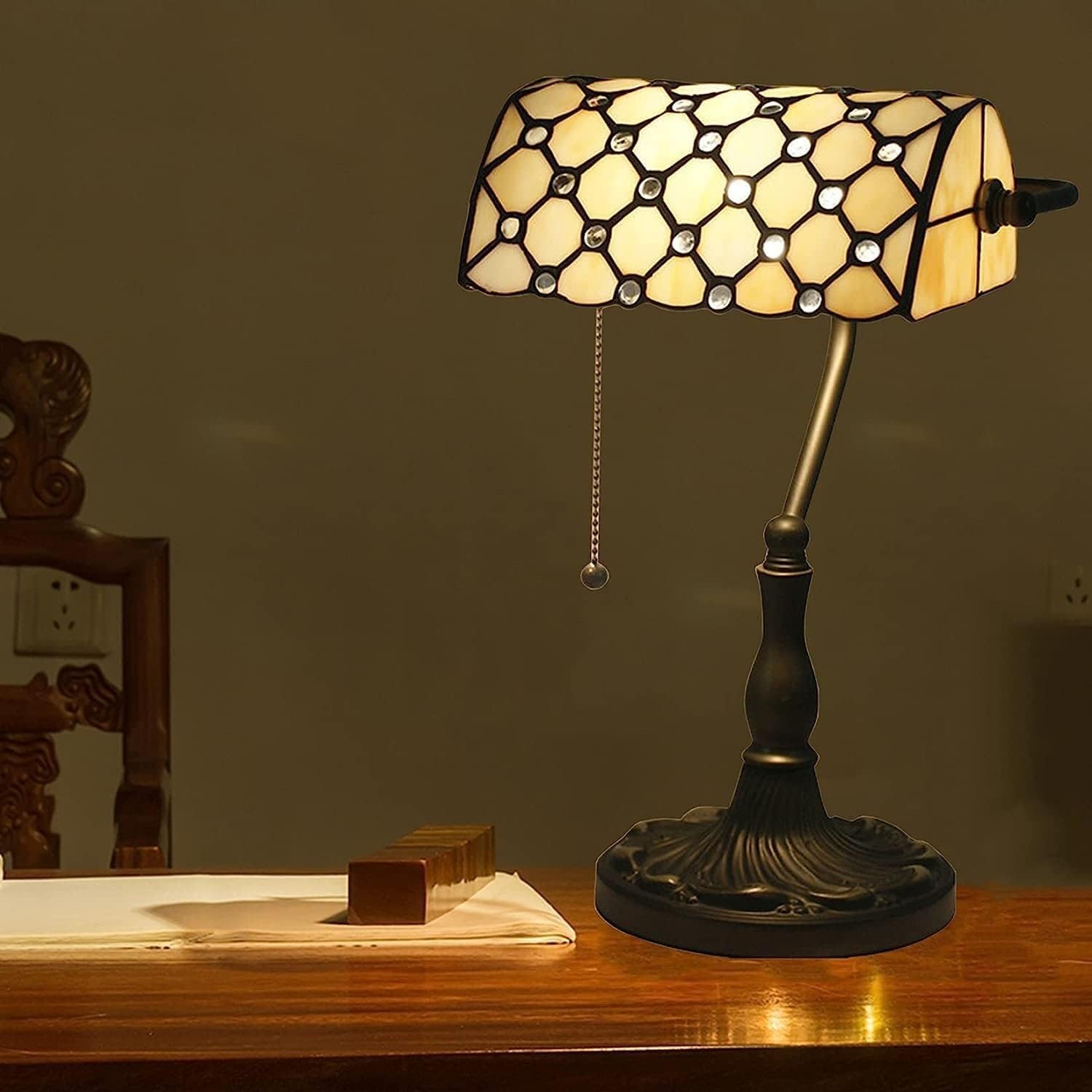 Bankiers Tischlampe, farbige Glaslampe, Kristallperlenschreibtischlampe, Schlafzimmer in der Nacht Leselampe (beige gelbe Glasperlenschatten) Innovate