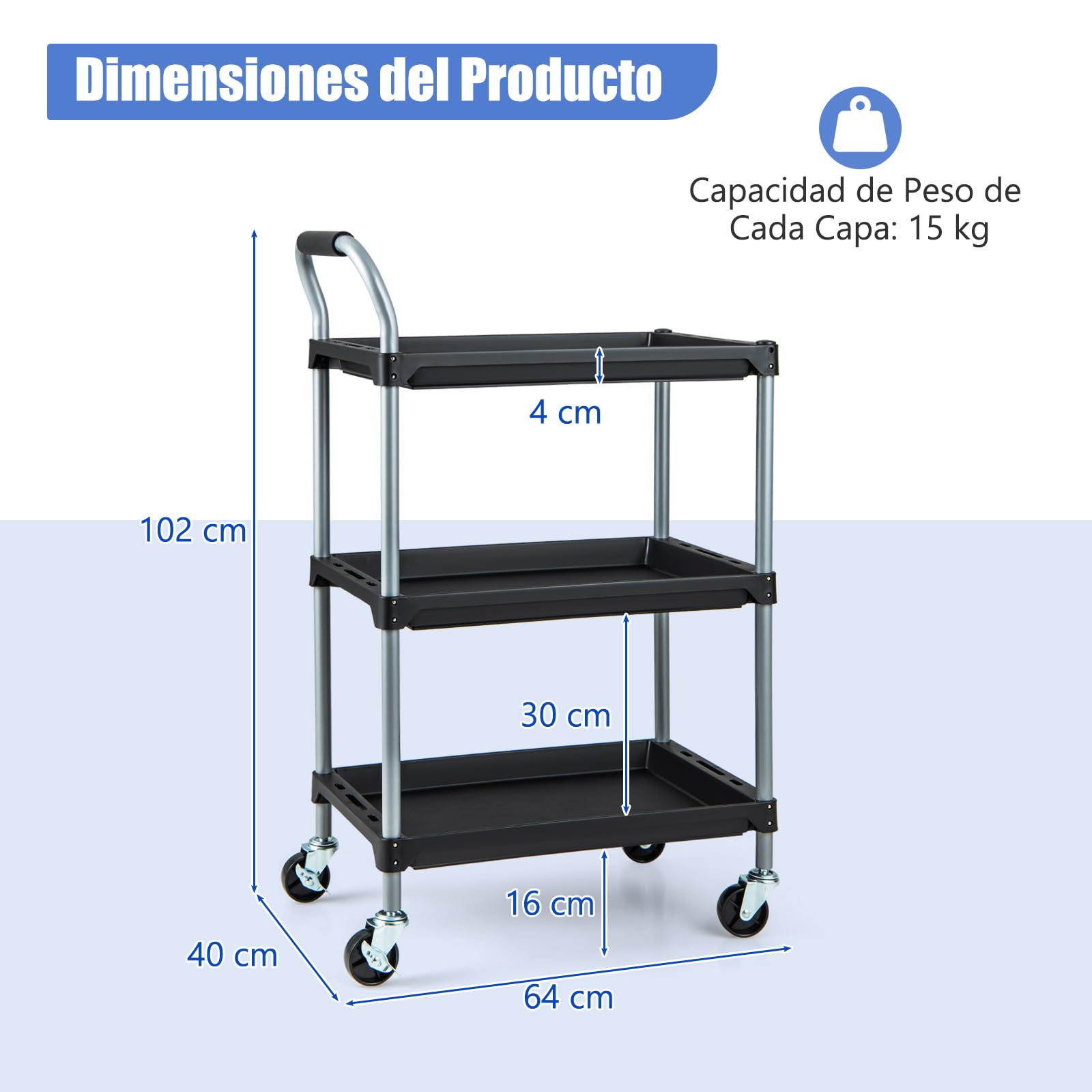 COSTWAY Carro de Herramientas de 3 Niveles, Carro de Taller de Metal con 4 Ruedas Universales y Mango de Esponja, Carrito de Herramientas Multiusos para Garaje Mecánico Hogar (64 x 40 x 102 cm)