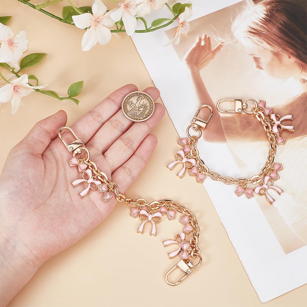 Beebeecraft 2Pcs 8 Inch Purse Chain Strap Replacement Alloy Bag Extender Chain with Enamel Pink Bowknot Charms Handle Extender Decorative Bag Chains for Wallets Handbags - Image 3